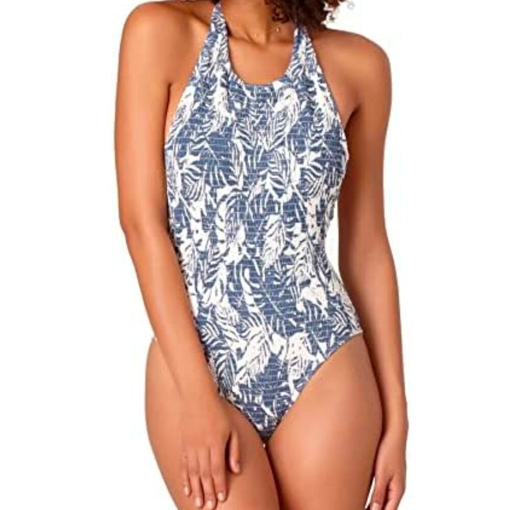 Anne Cole Coastal Beachy High Neck Smocked front Open back one piece size 14